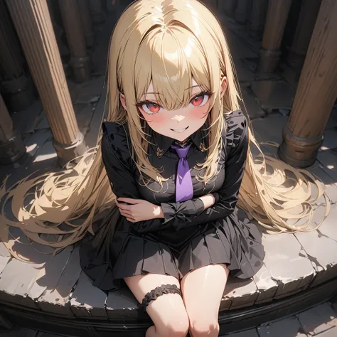 (Best Quality),(masterpiece),(Super detailed),(8k),(32K),(Perfect Anatomy),(Perfect hands),One Girl、Red eyes、tooth、( long straight blonde :1.2)、smile、(Small breasts)、(black hear ribbon:1.1)、black ruffle long sleeve dress 、 Purple Normal Necktie,Black glove...