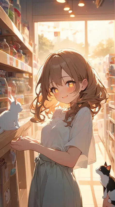 One Girl、Happy expression、Sparkling eyes、 Long Curled Hair 、Casual clothing、A fun pose、Smooth Skin、Small breasts、 Kittens Holding Hands 、 Adorable Smiles 
BREAK 
Twilight light 、(Lights in the store:1.2)、Warm tones、Fun atmosphere、Soft Shadows、 Moving Scene...