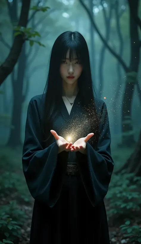 live-action、Real、very beautiful wizard girl、 straight long hair 、Black Hair、Hime cut、 Gather Light Particles from the Air in the Palm of Her Hand、 Reflections of Light Particles in the Dark 、Witch Costume、Particles of Light Dance in a Spiral 、Lonely woman、...