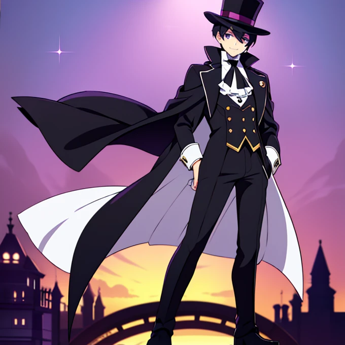 Full body, beautiful eyes ,(Phantom Thief) ,Black hair , Purple eyes , 1 boy , full body , anime style , cute eyes  , (standing up) , monocle, top hat, black coat, white ascot, black pants, white gloves, boots , gold designs on outfit , (beautiful eyes) , ...