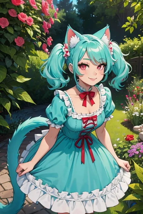 Perfect face. Perfect hands. A light teal haired woman with red eyes and light teal cat ears and a light teal cat tail in a frilly Lolita dress is smiling while leaning forward in the garden
