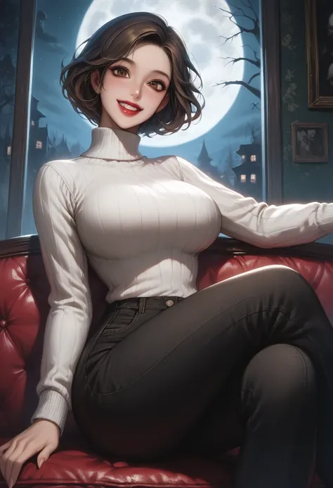 score_9, score_8_up, score_7_up, 1girl, sitting on couch, looking at viewer, cowboy shot, detailed background, dynamic pose, dynamic angle, crossed legs, window, moon, night, from below, happy, from side, MotherXLP, short hair, lipstick, brown eyes, white ...