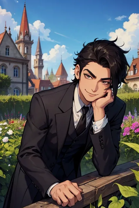 Perfect face. Perfect hands. A man with spiky black hair and brown eyes in a Gothic suit is smiling while leaning forward in the garden