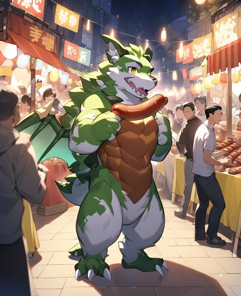 (Furry version） A man shopping at a Sausage。Western Dragon Man、Has dragon wings、 Green flakes 、 Mouth opening up to eat sausage 、Strong build。background：night、Lively night market 、brightly lit、Crowd、 Lots of street vendors 。Clear version