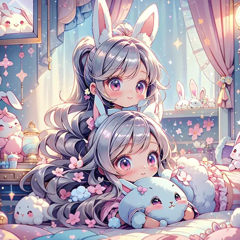  Beautiful Illustrations、top-quality、cute、bedroom、Pastel colors、Fluffy bunny ears、small、Silver long hair、Stuffed rabbit、Bright lighting、Bright pink eyes、 ponytail、Kawaii Tech,