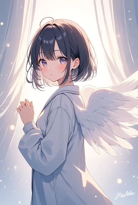 the pale lines and soft colors are like dreams, fleeting impressions.., angel wearing kigurumi pajamas 、black hair、shortcuts、 bo...