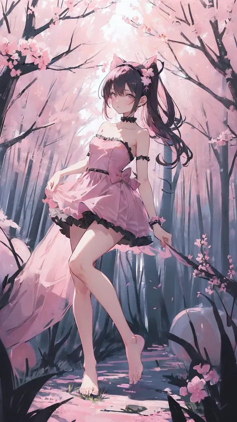 (pink strapless dress :1.5), 銀色の長いhair, black _ Hairbands, X-Shape _ Eyebrow, Hairbands, poe _ hair, 前hair, bare shoulders, Full Body Shot, black stockings, (Peach Blossom Forest:1.3)，Creek，barefoot，Soak your feet，