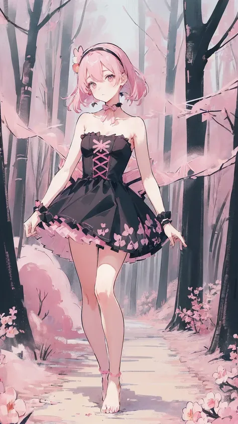 (pink strapless dress :1.5), 銀色の長いhair, black _ Hairbands, X-Shape _ Eyebrow, Hairbands, poe _ hair, 前hair, bare shoulders, Full Body Shot, black stockings, (Peach Blossom Forest:1.3)，Creek，barefoot，Soak your feet，