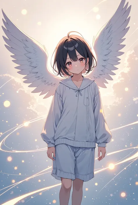 the pale lines and soft colors are like dreams, fleeting impressions.., angel wearing kigurumi pajamas 、black hair、shortcuts、 bo...