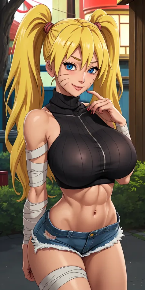 masterpiece, best quality, extremely detail 8k cg, high resolution, 1girl, mature female, Turtleneck_SexyJusuNaruto_Naruko_ownwaifu, 1girl, blonde hair, naruko (naruto), twintails, long hair, facial mark, whiskers, whisker markings, blue eyes, large breast...