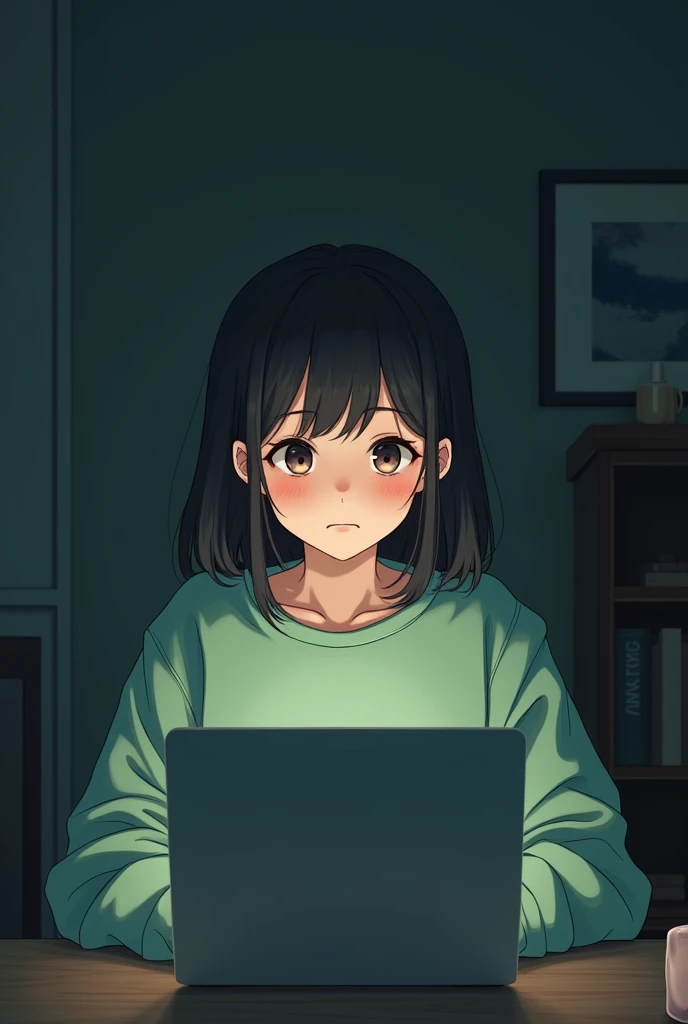 Create an anime girl in a green sweatshirt sitting in front of her computer in the dimly lit room, minimalist type. 