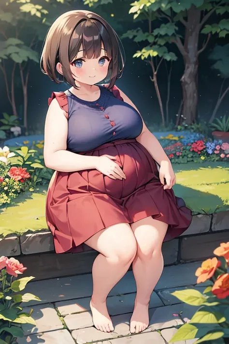 ((mid-ground the scene is，A full body))1 girl, Obese body, generous dimensions, face round, double chin, Overweight,Short hair tied up ,Sleeveless blue and red floral shirt，Highlight the breasts，Put her weight on her stomach，looks into camera，Country garde...