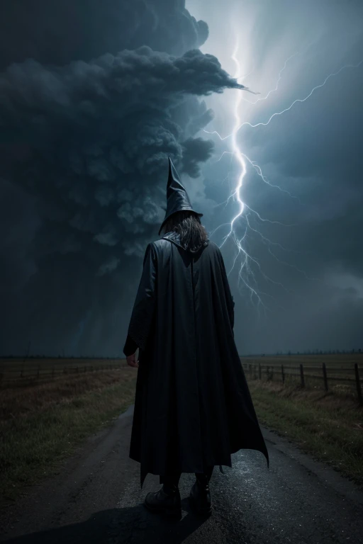 Create an evil wizard in front of a tornado, A dark image