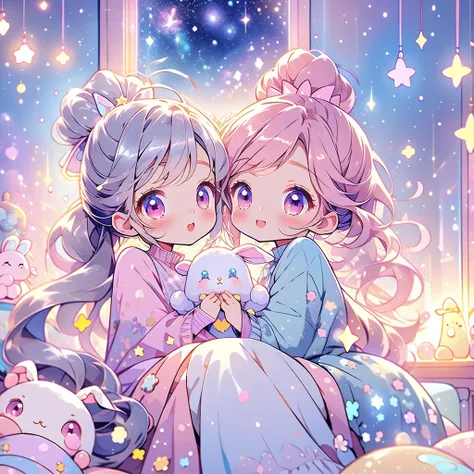  Beautiful Illustrations、top-quality、cute、bedroom、Pastel colors、Silver long hair、Stuffed rabbit、Bright lighting、Bright pink eyes、 ponytail、Kawaii Tech,Starry Sky、Meteor Shower、universe、