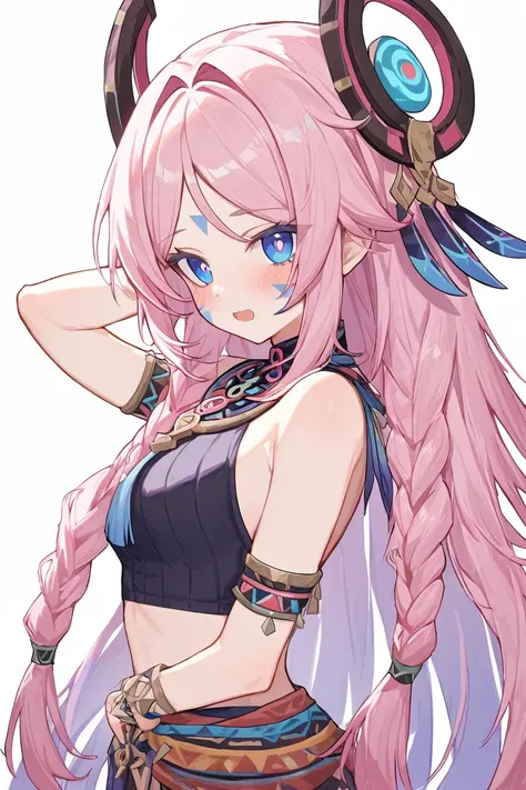 citlali ,シトラリ(genshin impact), 1girl,(full body),(from side)pink hair, parted bangs, very long hair, hair down, braids, hair orn...