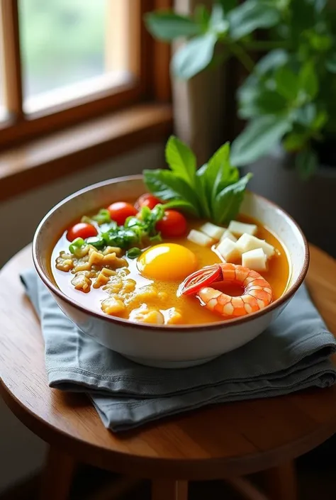  Maggi curry ,  in a bowl ,  liquid yellow boiled egg , Tofu , vegetables,  shrimp ,  on a small table edge window,  gray cloth , details, morning view, lighting