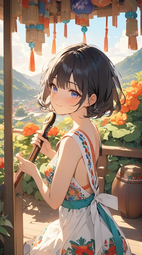 One Girl、Thoughtful expression、Deep Eyes、Short Hair、 Mexican Flower Dress 、 colorful embroidery and floral motifs、 Traditional Musical Instruments in Hand 、 quiet smile 
BREAK 
Daylight 、(Colorful colors:1.2)、Soft Shadows、 Mexican Cultural Vibes 、Heartwarm...