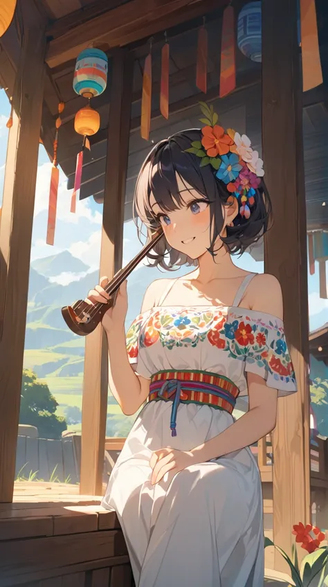 One Girl、Thoughtful expression、Deep Eyes、Short Hair、 Mexican Flower Dress 、 colorful embroidery and floral motifs、 Traditional Musical Instruments in Hand 、 quiet smile 
BREAK 
Daylight 、(Colorful colors:1.2)、Soft Shadows、 Mexican Cultural Vibes 、Heartwarm...