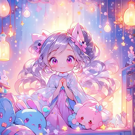  Beautiful Illustrations、top-quality、cute、bedroom、Pastel colors、Fluffy bunny ears、small、Silver long hair、Stuffed rabbit、Bright lighting、Bright pink eyes、 ponytail、Kawaii Tech,