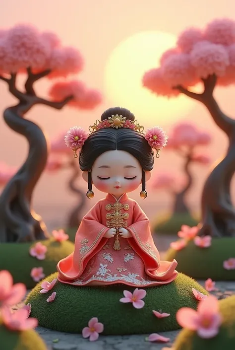 A Chinese doll is sitting on a hill of bosai trees and pink flowers at sunset