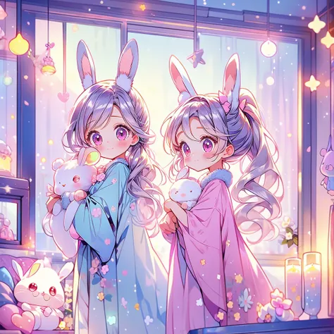  Beautiful Illustrations、top-quality、cute、bedroom、Pastel colors、Fluffy bunny ears、small、Silver long hair、Stuffed rabbit、Bright lighting、Bright pink eyes、 ponytail、Kawaii Tech,