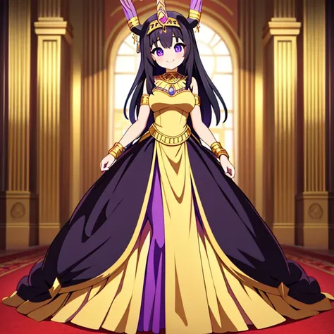 Full body, beautiful eyes ,(Pharoah) ,Black hair , Purple eyes  , Ballgown, 1 girl  , full body , cute girl , anime style , cute eyes  , (standing up) , pantyhose , gold designs on outfit , (beautiful eyes)  , Smile, Looking at viewer, flirty , golden clot...