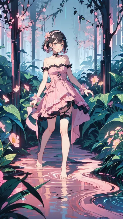 (pink strapless dress :1.5), 銀色の長いhair, black _ Hairbands, X-Shape _ eyebrow, Hairbands, poe _ hair, 前hair, bare shoulders, Full Body Shot, black stockings, (Peach Blossom Forest:1.3)，Creek，barefoot，Soak your feet，