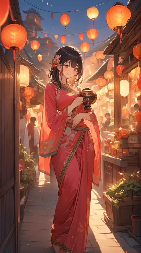 One Girl、 gentle expression 、Deep Eyes、 Medium Length Hair 、 Indian sari 、 bright pink and gold embroidery 、 traditional lamp in hand 、 kind smile 
BREAK 
Twilight light、( warm tone :1.2)、Soft Shadows、 Indian cultural atmosphere 、Heartwarming moments、absur...