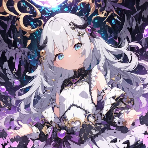 Absurd,anime,Detailed and beautiful eyes,(art),(artistic clothing:1.5),angel,gray hair,smile,(a girl:1.5),from the waist up,(small breasts:1.2),(small chest:1.2),mysterious,fallen Angel,Hello,(Large detailed hair ornament:1.2),(look away:1.5),detailed clot...