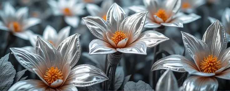 chromatic metal flowers, chrome metal garden, intricate metallic floral sculpture, futuristic metal flora, gleaming chrome petals, shimmering metallic blossoms, intricate mechanical flowers, abstract chrome plant life, stainless steel botanical installatio...