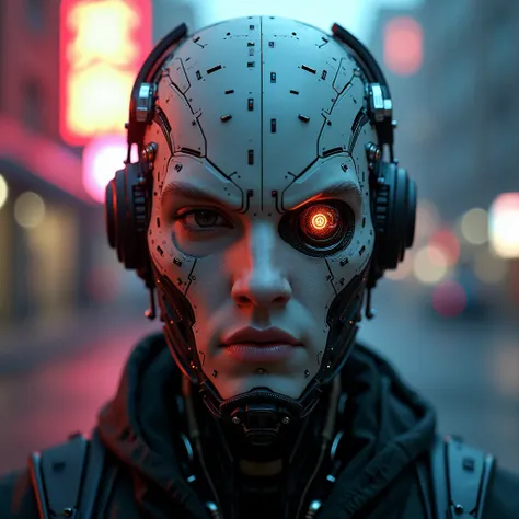 male cyborg, advanced ai robot, frontal view, sci-fi cyberpunk, cybernetic eye, sc3pt4 style, intricate details, hyper realistic, cinematic lighting, vivid colors, dramatic atmosphere, (best quality,4k,8k,highres,masterpiece:1.2),ultra-detailed,(realistic,...