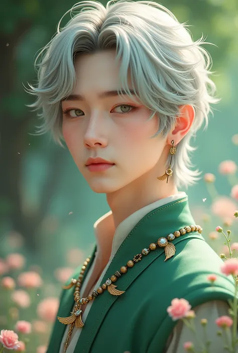 A delicate and elegant young man, Elegant appearance, Clear and bright as the moon, Silver-gray medium-length hair,  I am wearing.  green outfit contrasts with pink silk ,  teeth、Wood chip necklace and 、 rose petal ring with angelic feather decoration and ...