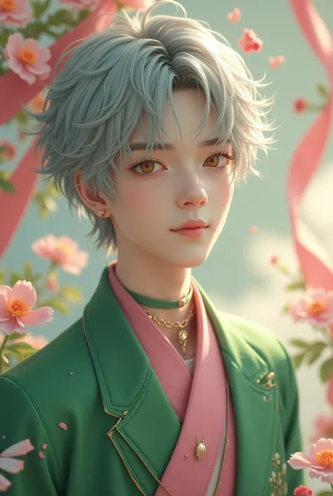 A delicate and elegant young man, Elegant appearance, Clear and bright as the moon, Silver-gray medium-length hair,  I am wearing.  green outfit contrasts with pink silk ,  teeth、Wood chip necklace and 、 rose petal ring with angelic feather decoration and ...