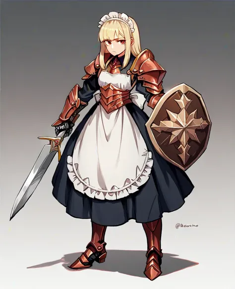 1girl, solo, looking at viewer, blonde hair, brown hair, red eyes, dress, closed mouth, standing, full body, blunt bangs, twitter username, holding weapon, maid headdress, shoulder armor, gauntlets, pauldrons, armored boots, holding shield