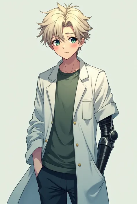  a slightly different anime-style hairstyle 、 makes an image of a slightly unusual scientist ,  must be a man between 20 and 30, In addition, The color of the hair is light 、 part of the body has been replaced by prosthetic limbs 、 must be hidden with synt...