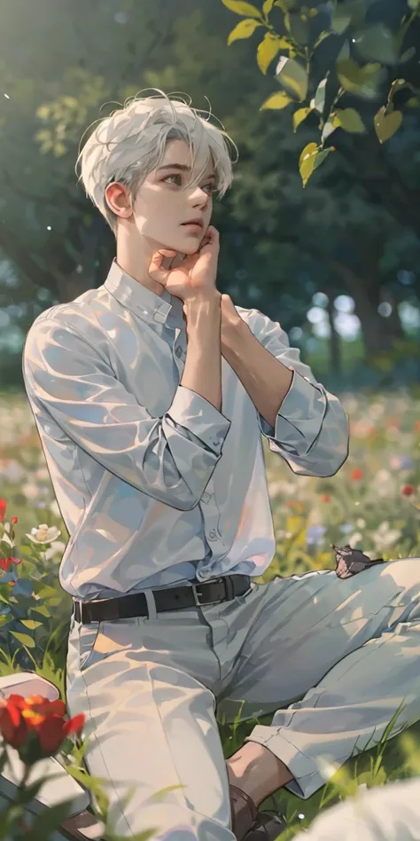 (masterpiece, Best Quality),  one short white haired man sitting in a field with green plants and flowers, Hands under the chin ,  Warm Lighting , White clothes, White pants,  blurry foreground 