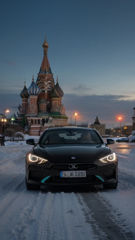 "A high-tech supercar driving through Moscow’s Red Square under a snow-covered winter sky, with the iconic Kremlin and St. Basil’s Cathedral in the background. The car has a glossy metallic black exterior, with neon-blue highlights."