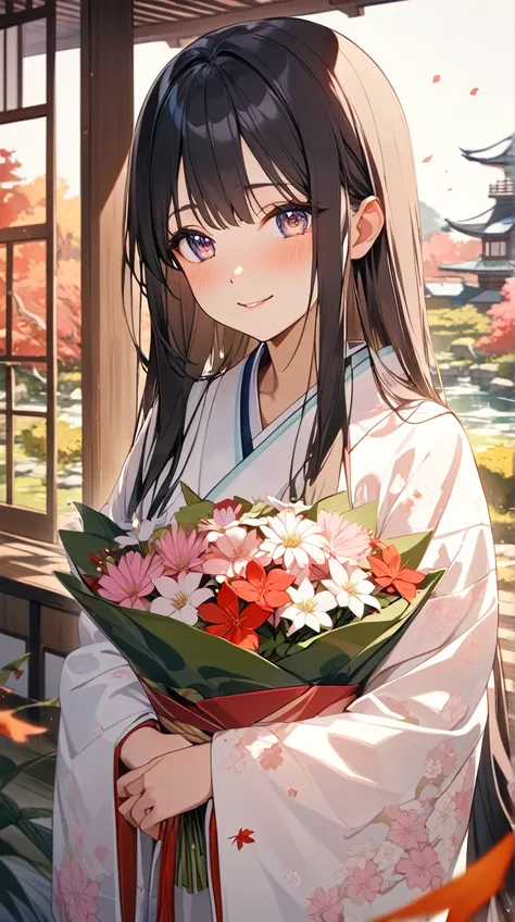 One Girl、A graceful smile、Shining Eyes、Long Straight Hair、Japanese Kimono、 bright cherry blossom pattern 、 tie the belt tightly 、Bouquet in hand、 A Quiet Smile 
BREAK 
soft light、(Natural Light:1.3)、Warm colors、Japanese atmosphere、Gentle Shadows、Traditiona...