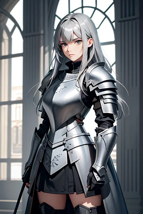 knee shot,female, gray hair, gray eyes, medium-length hair, pull plate armor, knight, 170 cm, bangs, arms crossed, expressionles...