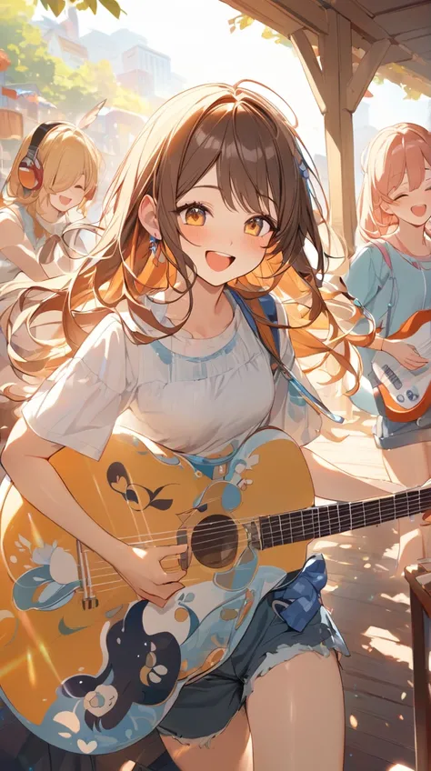 One Girl、 gentle expression 、Captivating eyes、Shoulder-length hair、 Casual Band Outfits 、A fun pose、Smooth Skin、Small breasts、 Musical Instruments with Hands 、 Laughing with Friends 
BREAK 
Daytime light、(Bright colors:1.3)、Warm tones、Lively atmosphere、Sof...