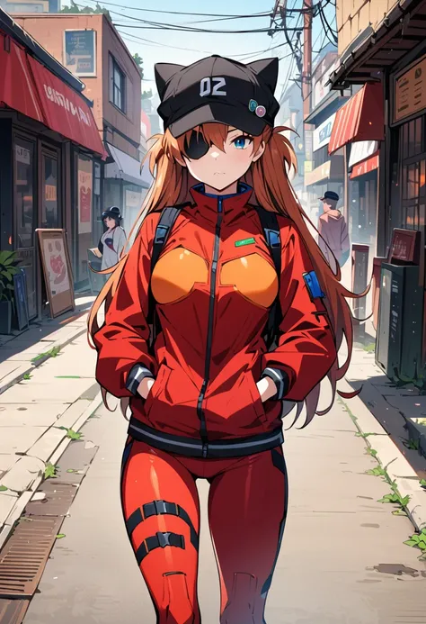 ((masterpiece,Best Quality, detailed)), Outdoor,
 Souryu Asuka Langley,   red jacket,  bodysuit underwear , Cat hat,   red bodysuit, Eye patch, Put your hands in your pockets, (tape)