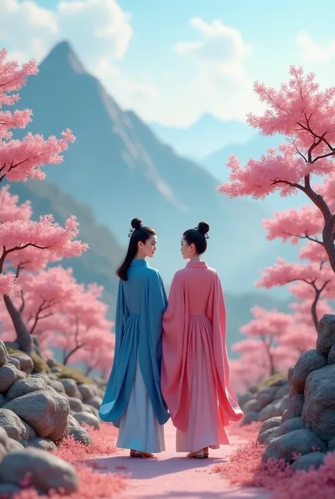 La amiga de The Chinese doll  ( the friend is dressed in blue )  accompanies her friend  (The Chinese doll , dressed in pink) hasta la casa de The Chinese doll ,  who was in the mountain of pink bonsai trees.