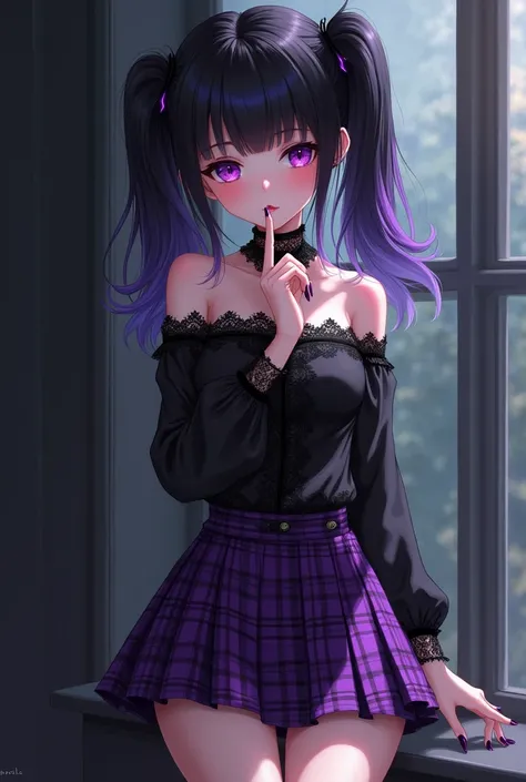  Black-haired girl with purple tips , black lace top , long sleeve top ,  off-the-shoulder top , purple skirt, plaid skirt, short skirt,  a finger on her lips telling her to shut up, long nails, purple nails, Detailed eyes, blushing, anime