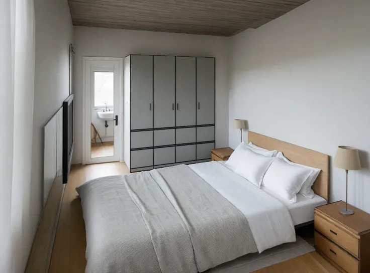 wabi-sabi (bedroom)  interior, wabi-sabi interior style, design tends to be minimalist, calming and natural atmosphere, ((gray and white color scheme)), (( wood)), handmade textiles,natural fabrics, tab, lamp, rug, wood floor, drapes,glass window, GREY doo...