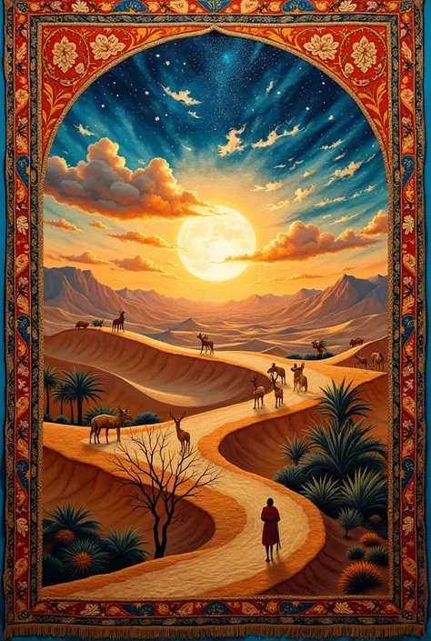 visualize a magnificent tapestry, a tribute to the desert’s awe-inspiring majesty. woven with the finest silks that cascade like...