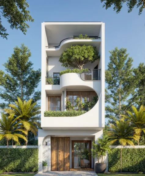 the house has 2 floors and 1 attic with a terrace. tall and narrow, modern design, steel gate and wooden details in harmonious c...