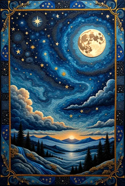 envision a quilt that captures the awe-inspiring mystery of the night sky, an intricate patchwork creation that shimmers with ce...