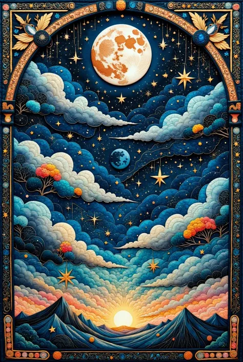 envision a quilt that captures the awe-inspiring mystery of the night sky, an intricate patchwork creation that shimmers with ce...