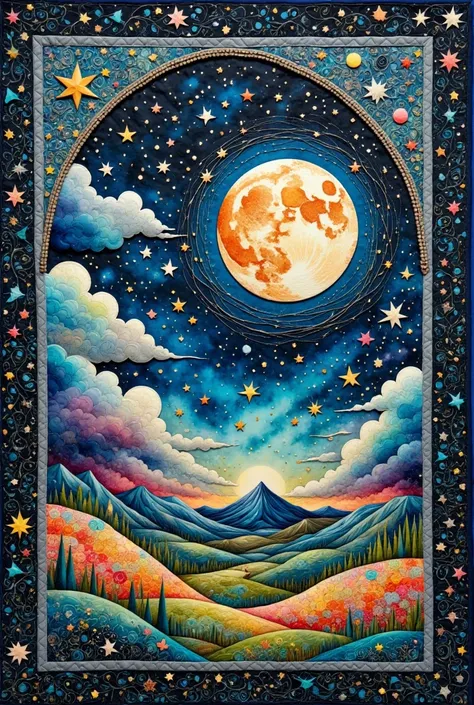 envision a quilt that captures the awe-inspiring mystery of the night sky, an intricate patchwork creation that shimmers with ce...