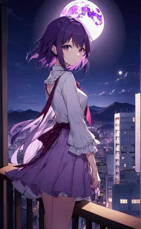 Senjougahara Hitagi from bakemonogatari, Beautiful, purple hair, standing on a balcony facing the camera, background features night light city view with a bright full moon